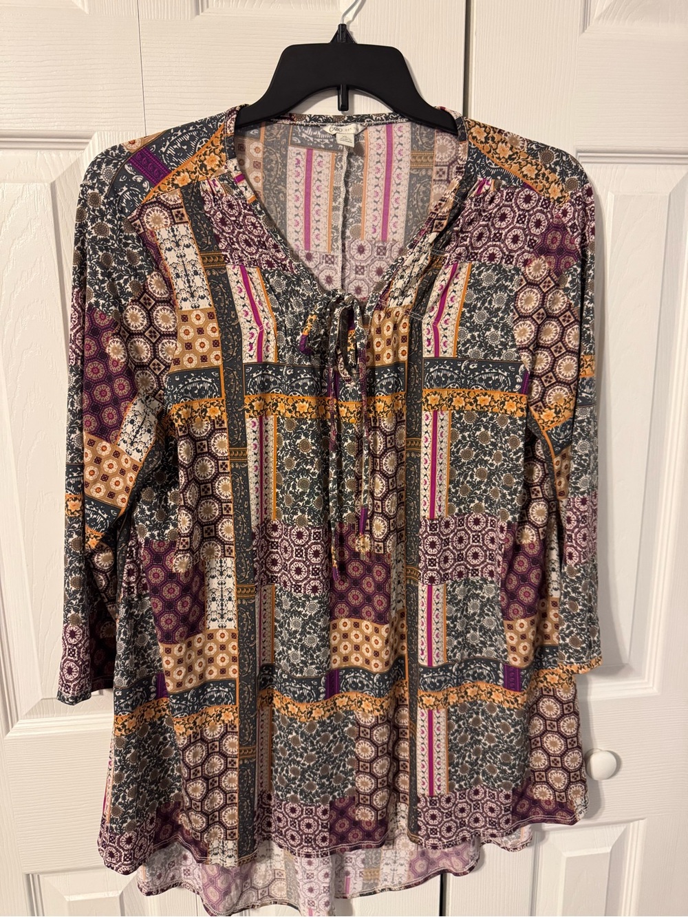 Womens Patchwork Print Tie-Neck Blouse in Purple and Mustard